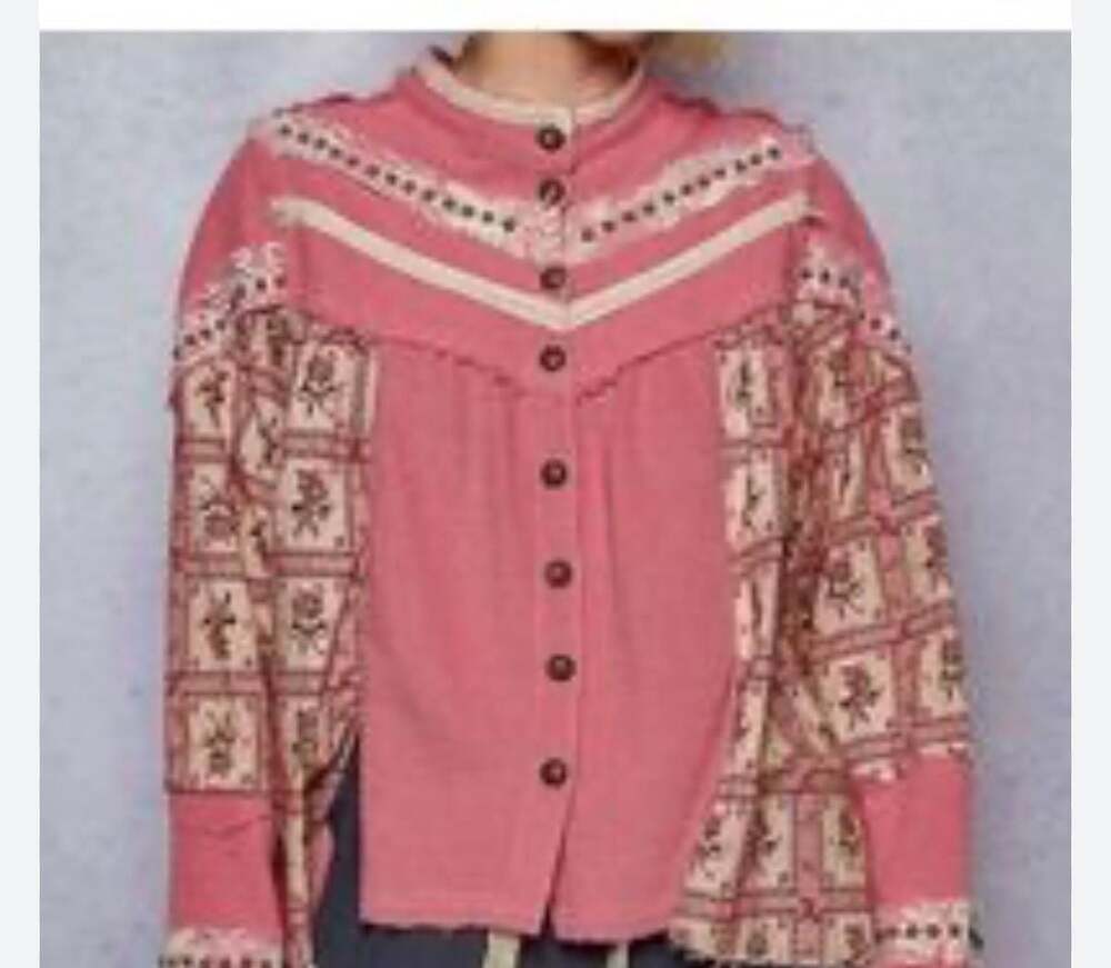 POL Pink Floral Mixed Media High Low Tunic Cardigan Embroidered Boho M